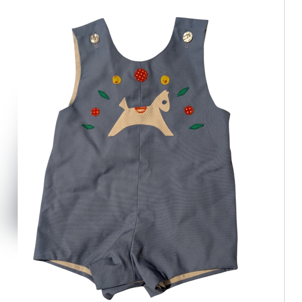 70s 80s Vintage Blue Romper Outfit Shorts Embroidered Horse Infant Toddler